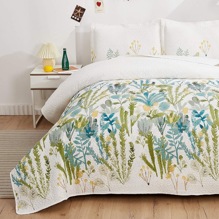 Full/Queen Size Floral Quilt Set Lightweight Bed Green Yellow Leaves Botanical Bedspread Daybed Cover Coverlet Lodge Cabin Garden Floral Bed Cover Blanket Rural Blossom Bedroom Decor