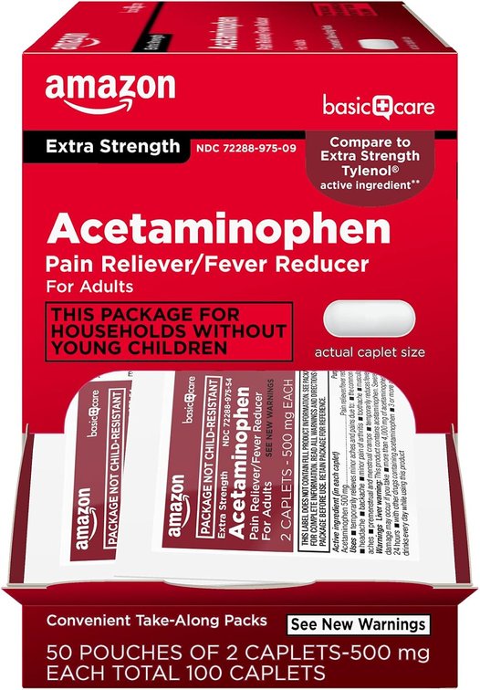 Exp Jan 2027 Amazon Basic Care Extra Strength Acetaminophen Caplets 500 mg, Pain Reliever and Fever Reducer, Gentle on Stomach, For Arthritis Pain, Backache Pain and More, 50 Packets of 2 Capsules Each, 100 Count