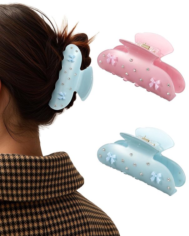 2 PCS Acrylic Hair Claw Clips for Women Bow Strong Hold Claw Clips Medium Non-slip Cute Hair Clips for Thick Thin Hair Blue+Pink