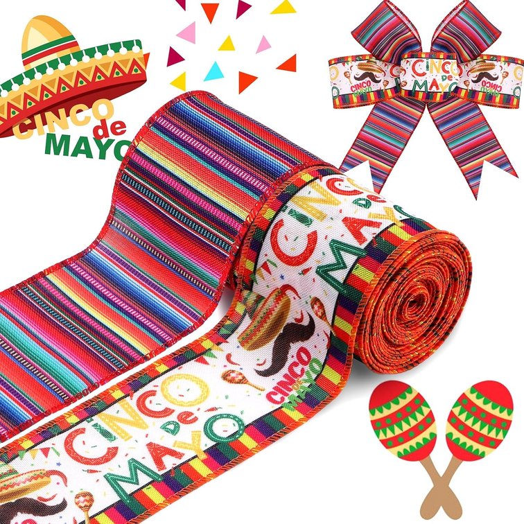2 Rolls 12 Yards Cinco De Mayo Wired Edge Ribbons, 2.5inch Mexican Fiesta Burlap Ribbon, Colorful Stripe Serape Gift Ribbon for Mexican Party DIY Craft Wreaths Bow Decoration (A)