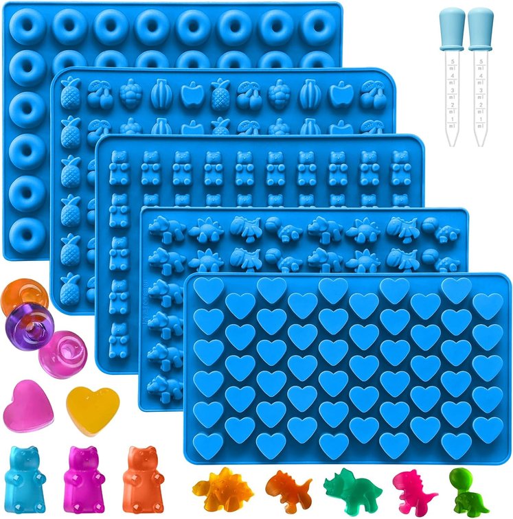 7Pcs Gummy Candy Molds, Gummy Bear/Dinosaur/Fruit/Donut/Hearts Molds, Non-stick Silicone Candy Chocolate Mold (5Shape+2Droppers)