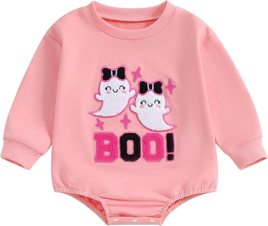 Size 6-12M Newborn Halloween Outfit Girl Boy Boo Ghost Romper Bubble Sweatshirt Bodysuit Fall Shirt Halloween Baby Clothes (Boo Ghost-Pink, 6-12 Months)
