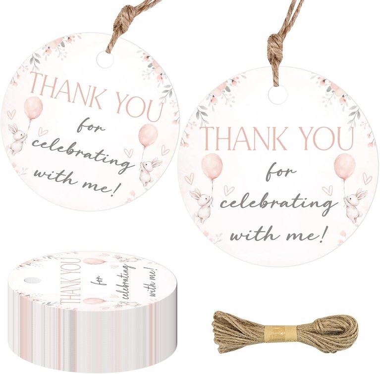 50 Pcs Round Bunny Thank You Tags with Brown Cotton Rope, First Trip Around The Sun Cupcake Toppers, Sunshine Theme 1st Birthday Party Dessert Decorations,Paper First Birthday Party Supplies