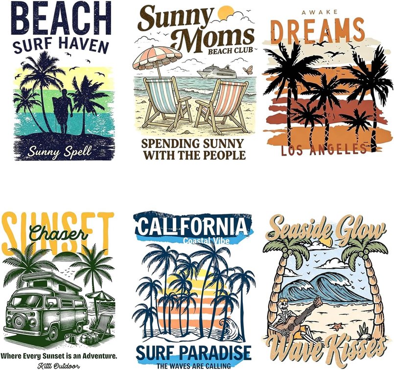 6 Sheets Summer Iron on Transfers, Retro Beach Iron on Stickers Heat Transfer Vinyl Decals Sublimation Iron on Patches Ready to Press Clothes Bag Pillow Covers DIY Decoration