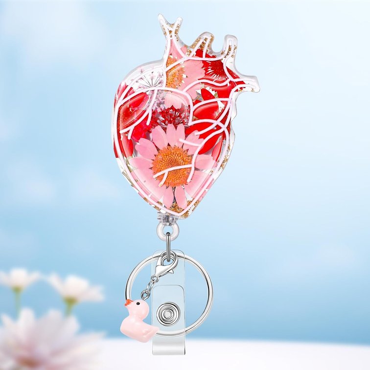Plifal Dried Flower Nurse Badge Reel Retractable - Cute Cardiac Flower Retractable ID Name Card Badge Reel Holder with Alligator Clip, Nurse Nursing Office Medical Worker Student Accessories Gifts