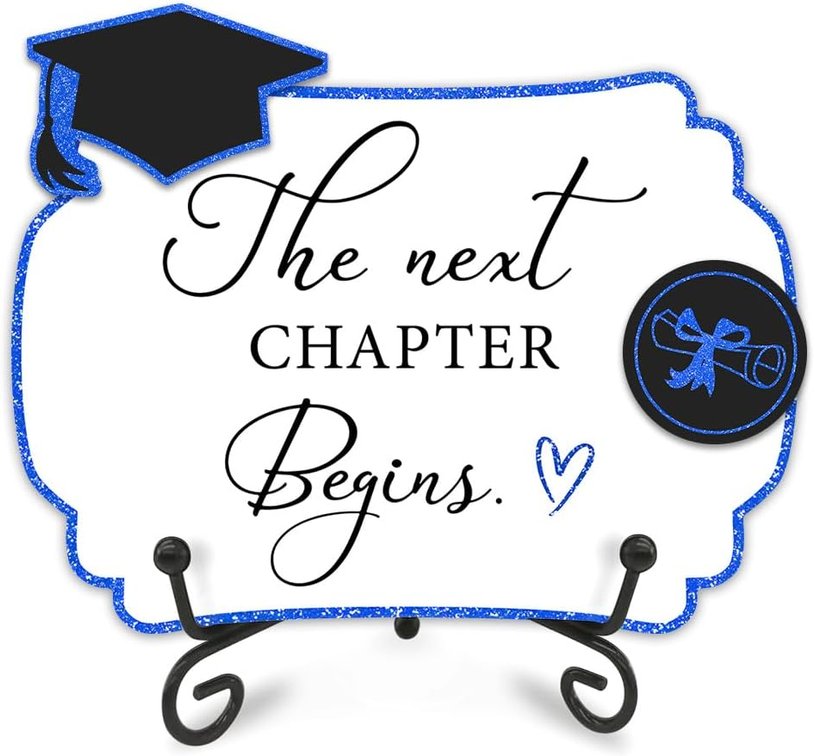 GOLD NOT BLUE Graduation Wooden Tabletop Buffet Sign - The Next Chapter Begins - Blue Candy Sign With 1 Metal Support & 2 DIY Wood Decor - Class Of 2026 Graduation Party Decorations & Gifts For Grads - A01