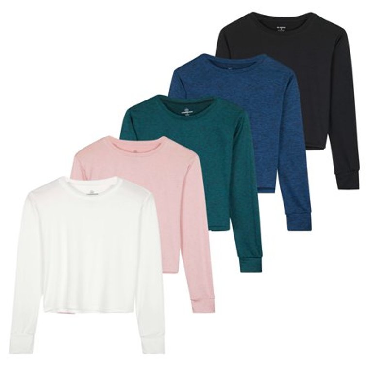 Size Medium Real Essentials 5 Pack: Women's Dry Fit Crop Top - Long Sleeve Crew Neck Stretch Athletic Tee