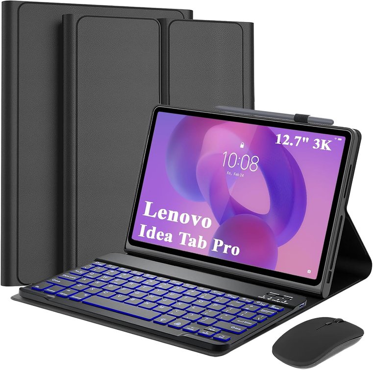for Lenovo Idea Tab Pro 12.7 Inch 2025 TB373FU/TB375FC Detachable Magnetic Keyboard Case with Mouse,7 Colors Backlight Pen Holder 3 Adjustable Angles Black