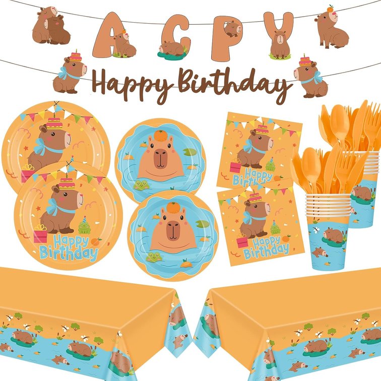 Remerry 403 Pcs Capybara Birthday Decorations for 50, Capybara Paper Plates Napkins Cups Cutlery Tablecloth and Banner Dinnerware for Cute Animal Tableware Birthday Party Supplies