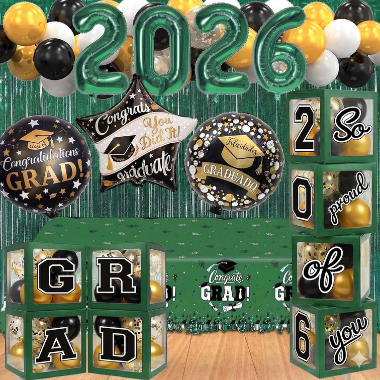 Black and Green Graduation Decorations Class of 2026 - Graduation Balloon Boxes, Balloon Arch Garland Kit, Party Decorations 2026 for Any Grades