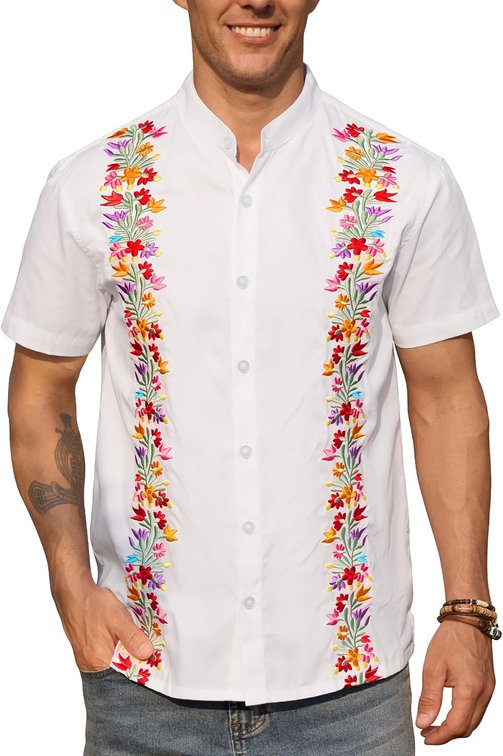 size medium - Arvilhill Men's Mexican Shirt Cotton Dress Band Collar Cinco de Mayo Fiesta Button Shirts (S-3XL)