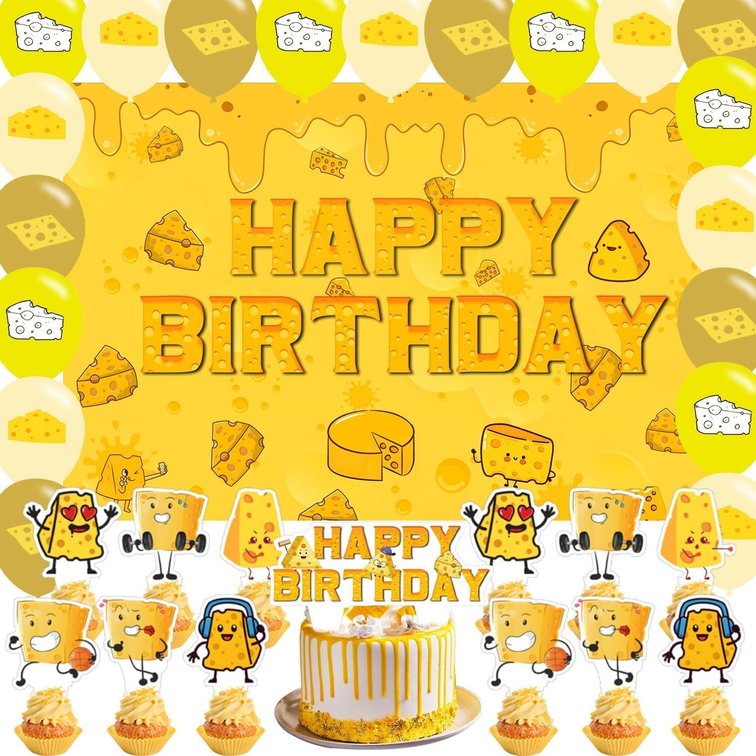 Cheese Birthday Supplies, Cartoon Cheese Birthday Decorations Macaroni and Cheese Theme Party Set Funny Cheese Party Cupcake Toppers Banner Backdrop Balloon Cheese Party Supplies