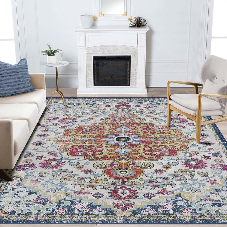 Living Room Rug 6x9 Floral Vintage Blue/Orange/Beige