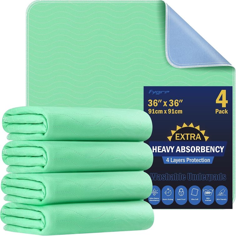 Fygrip 4 Pack 36" x 36" Extra Heavy Absorbency Washable Underpads Bed Pads