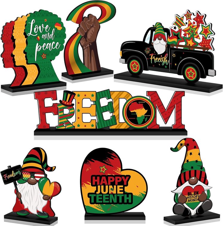 Threehoney 7 Pcs Juneteenth Day Decorations Wooden Happy Juneteenth Table Centerpieces Freedom Day Table Signs Wood 1865 Black American Independence Table Toppers for Home Desktop Decor (With Base)