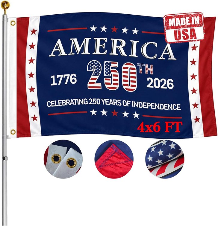 Double Sided USA 250th Anniversary Flag 4x6 FT Heavy Duty 3-Ply 100% Polyester Patriotic Banner 1776-2026 America 250 Independence Flag for Outdoor UV Resistant Reinforced Fly End with Triangular Stitching 2 Brass Grommets