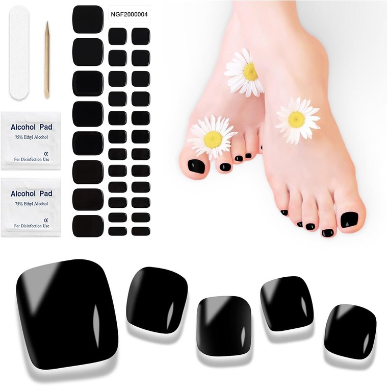 Semi Cured Gel Pedicure Strips | 32pcs Black Gel Toenail Stickers