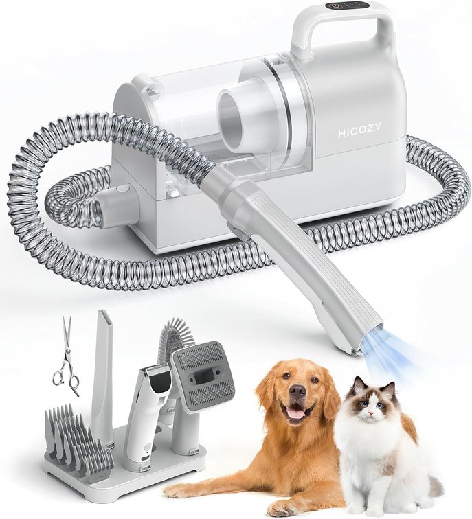 Hicozy S1+ Dog Grooming Vacuum, 12000Pa Minimum 50dB Quiet Dog Vacuum for Shedding Grooming with 2L Dust Cup, 6 Professional Pet Accessories with Clippers, Gray