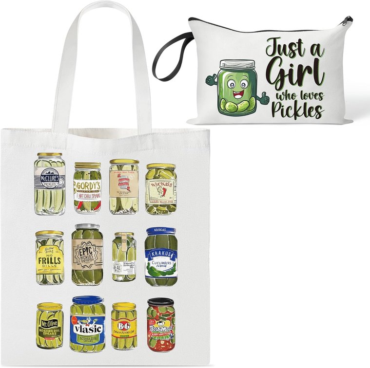laffact Cute Pickle Jar Canvas Bags for Women, 2Pcs Pickle Stuff Lover Gift