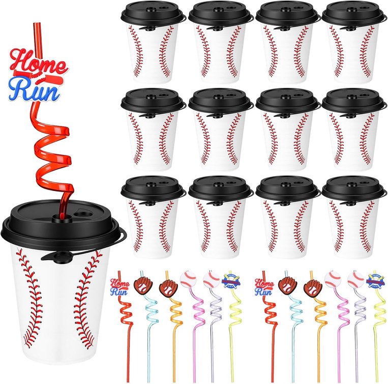 LemonRoad Baseball Party Cups 12 oz, 12 Set Reusable Plastic Tumblers with Lids and Straws, Baseball Themed Party Favors for Birthday, Team Events, Sport Fans Supplies