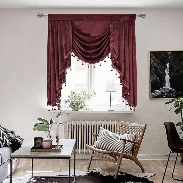 Burgundy Red Velvet Waterfall Valance for Window -Rod Pocket Window Valances for Bedroom (1 Panel, W39 inches, Red)