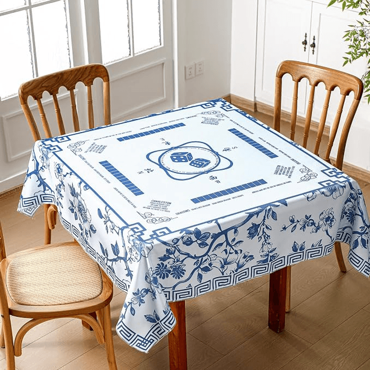 Chinoiserie Mahjong Tablecloth with Game Rule 55''x55'' Floral Table Cover