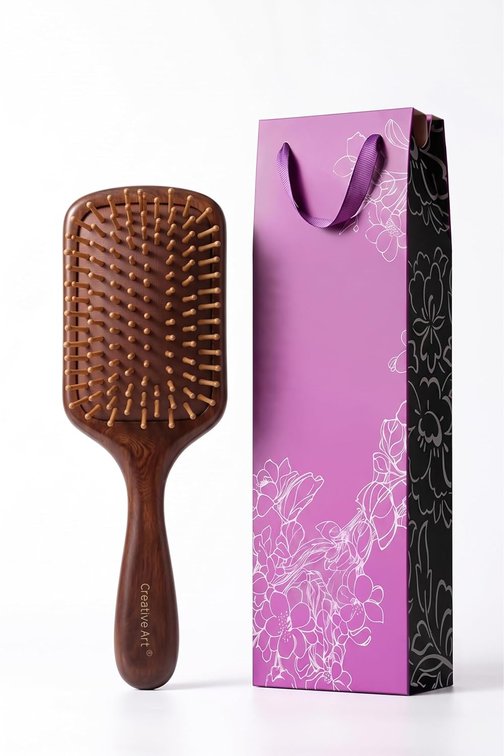 Paddle Wooden Hair Brush, Smooth with Cushioned Pad for Scalp Massage