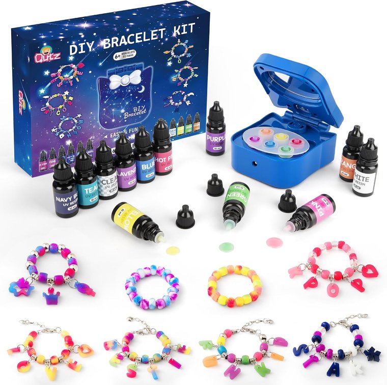 QuTZ Bracelet Making Kit, Making Your Own Beads and Charms with the UV Resins and Curing Station, Design Your Own Kpop & Friendship Bracelets, Jewelry Making Kit for Girls 6+ (12 Glue Set)