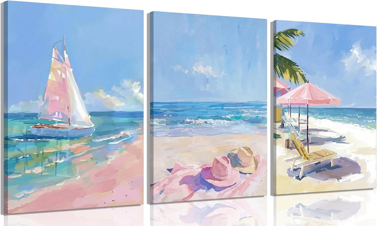 RFVXMGT 3 Pcs Pink Blue Coastal Beach Canvas Wall Art 12x16 Ready to Hang Pink Sailboat Palm Tree Beach Chair Seascape a Calm Seaside Focal Point to Bedrooms,Bathrooms,Beach Houses and Offices.