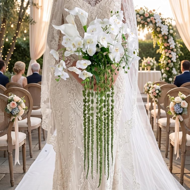 Suncalla 17 Inch Cascading Wedding Bouquets for Bride, Bridesmaids Wedding Flowers, Artificial White Calla Lily Orchid Cascading Amaranthus Handheld Flowers for Proposal Ceremony Anniversary Decor