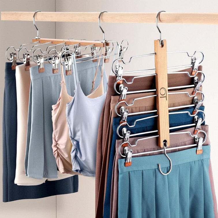 2 Pack Skirt Hangers with Clips, Space Saving Beechwood 5 Tier Pants Hangers with 360  Swivel Hook, Closet Organizer for Skirts, Pants, Tank Top-College Dorm Room Essentials (Wood Color)