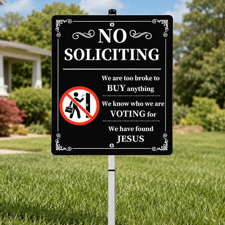 No Soliciting Sign for House - 12" x 10" Aluminum Yard Sign with 28" Stake
