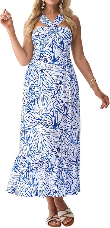 Size Medium Criss Cross Halter Maxi Dress, Floral Beach Wedding Guest Dresses, A Line Resort Vacation