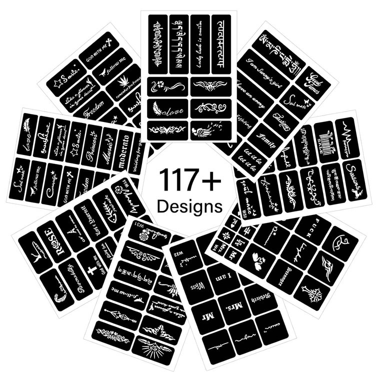 9 Temporary Tattoo Stencils, 117 PCS Henna Stencils Reusable Tattoo Stencils for Face Body Art Painting for Women Men Adults Kids