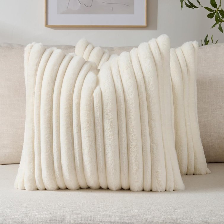 FUTEI Pack of 2 Faux Rabbit Fur Throw Pillow Covers 18x18 Inch,Cream White