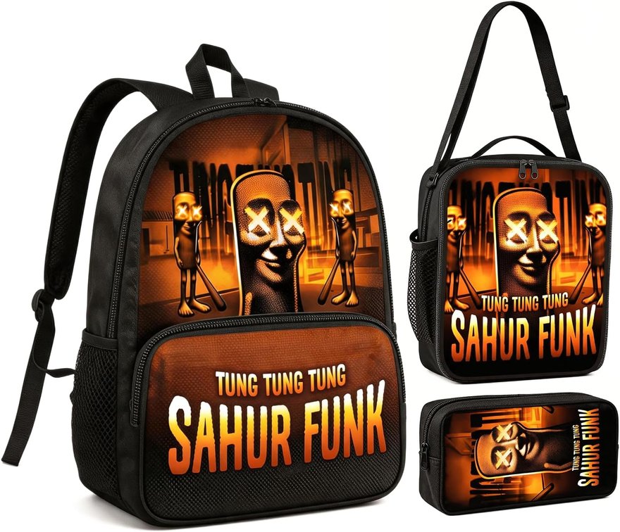 Zhazieon Tung Tung Tung Sahur Kids Backpack Set, Adjustable 3 in 1 School Backpack with Lunch Box and Pencil Case, Funny Shark Character School Bag for Boys Girls Elementary Students(Black-A3)