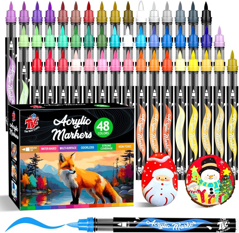 48 Colors Acrylic Paint Markers Brush Tip Automatic Ink Control No-Bleed