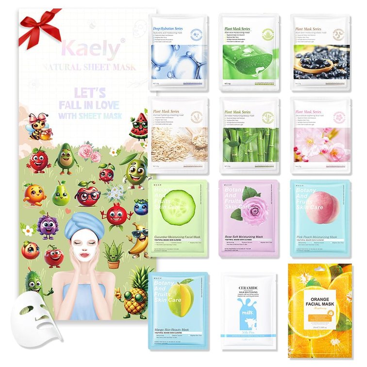 Kaely 12 Pack Variety Face Masks for Kids, Kids Face Mask Spa Day Kit Supplies, Spa Party Favors for Teens Girls Women, Sheet Facial Mask Skincare Gifts Set, Hydrating Nourish for All Skin Types, 02