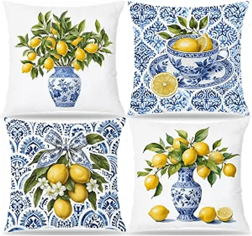 Amalfi Coast Blue and White Lemon Pillow Covers 18x18 Set of 4