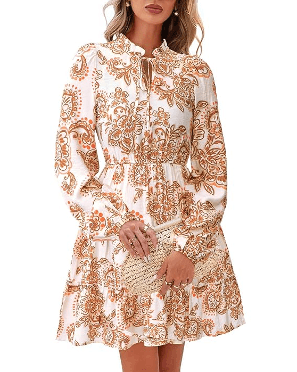 Size S Floral V-Neck Long Sleeve Tiered Ruffles Boho Swing Flowy A-Line Mini Dress