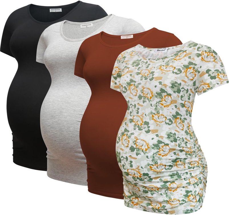 Size Small Bearsland 4 Pack Women's Maternity Shirts Crew Neck Maternity Top Short Sleeve Side Ruched Pregnancy Clothes