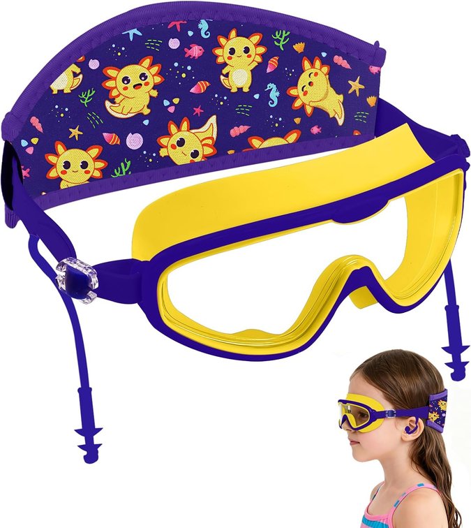 Axolotl Toddler Swim Goggle Fabric Strap Pain-Free, Anti-Fog Anti-leakage earplugs for Boys and Girls