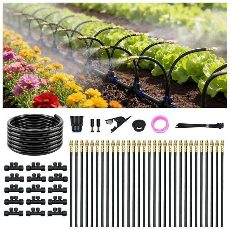 Drip Irrigation System for Garden, Automatic Watering System with Adjustable 360  Copper Spray Nozzles, DIY Drip Irrigation Kit for Yard, Lawn, Greenhouse, Raised Beds & Potted Plants (50FT)