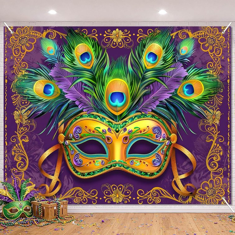 BlissYard Mardi Gras Backdrop Peacock Feather Mask 8x6ft
