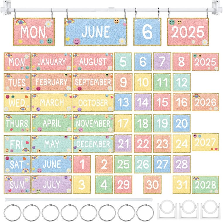 AmazingSpark 54 Pcs Pastel Glitter Flip Calendar Bulletin Board Set Pastel Glitter Flip Calendar for Classroom Decor with Adjustable Holder 54 Date Cards for Back to School Classroom Decoration