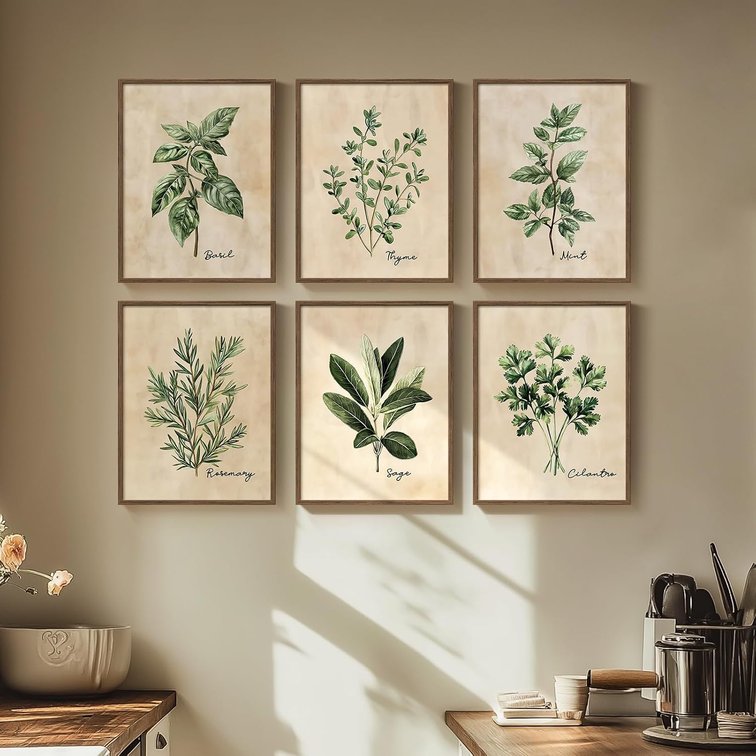 Framed Rustic Sage Green Botanical Wall Art for Kitchen, 6 Piece 11x14 In