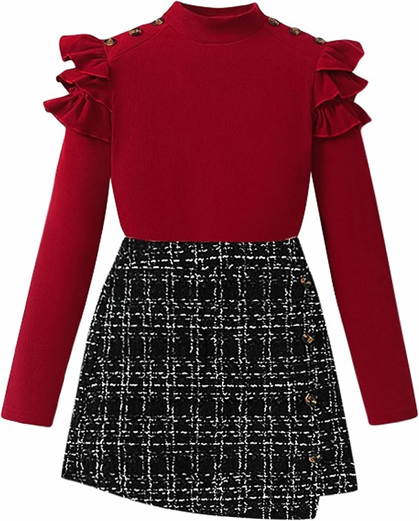 Size 8 Yrs Girls Skirt Set Long Sleeve Ruffle Top and Textured Skirt for 8-12Y