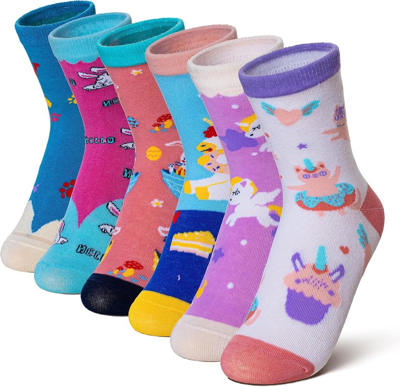 Velice Kids Girls Boys Cotton Crew Socks Funny Crazy Novelty Cartoon Cute Silly Dress Socks 6 Pairs