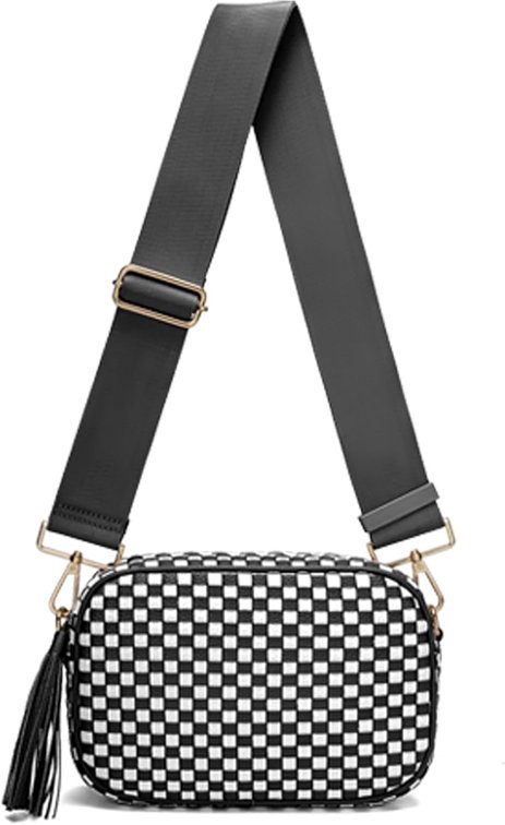Small Woven Checkered Crossbody Bag for Womenl Cute Vegan Leather Purses Trendy Shoulder Handbags Wide Strap