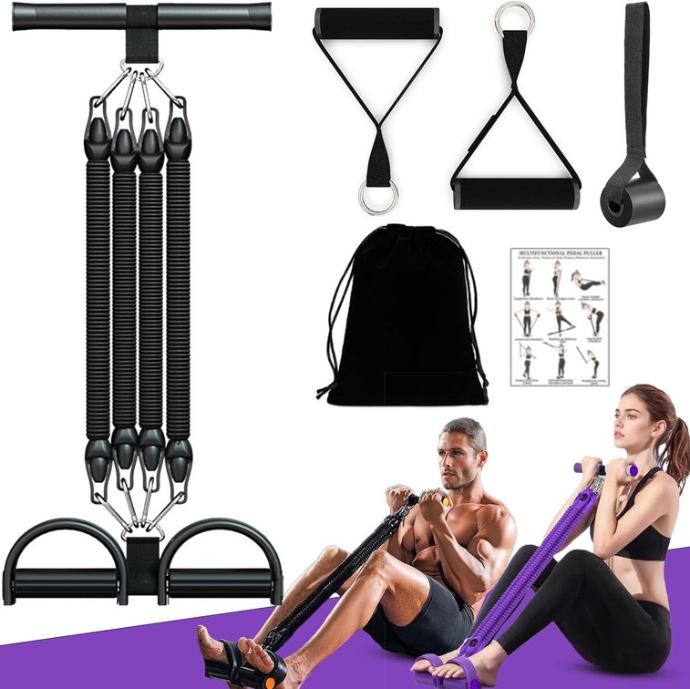 2026 Upgrade Foot Pedal Resistance Band, Adjustable 4-Tube Pedal Ankle Puller Resistance Band with Handle, Multifunction Home Gym Equipment, Stirrup Puller for Men Women for Full Body Exercise